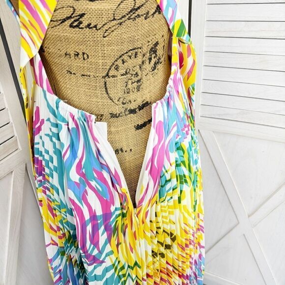 Milly Oria Waves of Zerbra Pleated Halter Maxi Dress Yellow Pink Multi Size 4 - Picture 10 of 15
